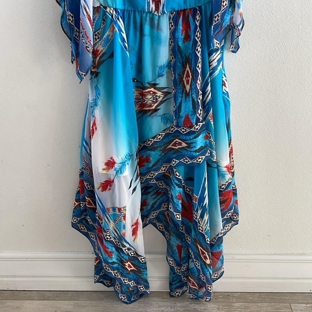 VINTAGE COLLECTIONS  Southwestern Aztec Blue Beaded Handkerchief Dress Size S - Picture 3 of 12